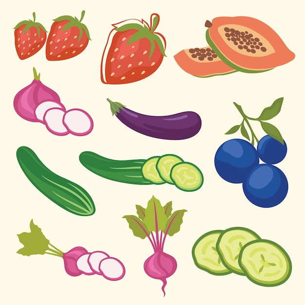 ベージュの背景に果物と野菜のセット。