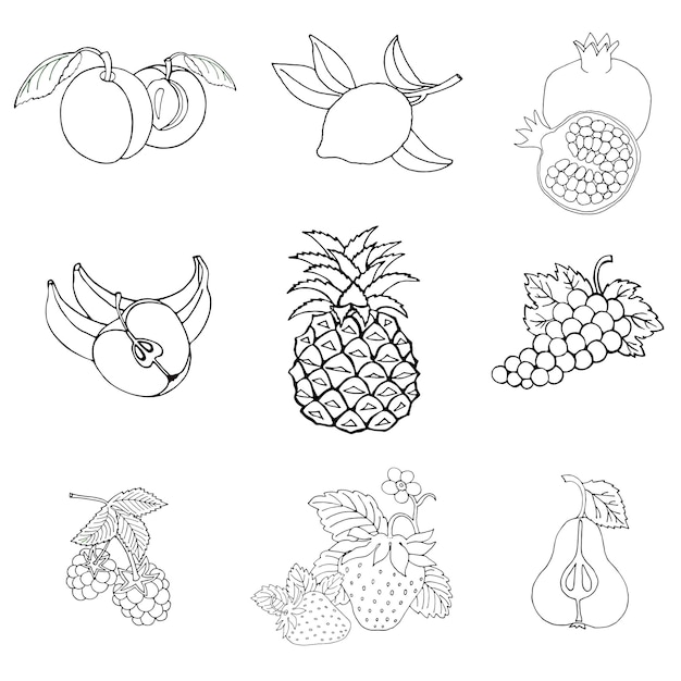 Set of fruits and vegetables coloring page