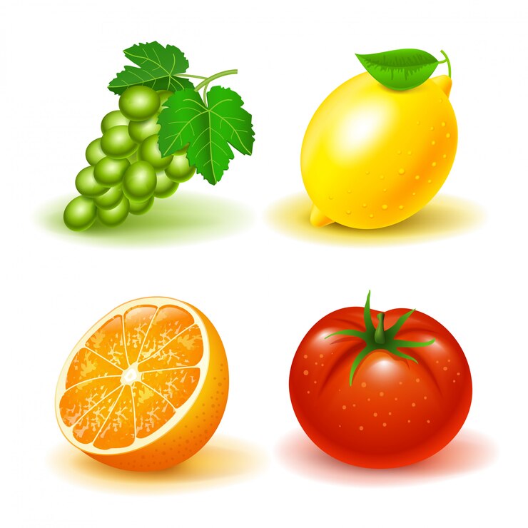 Vector set of fruits and vegetables: grapes, lemon, orange and tomato. isolated