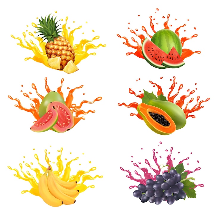 Vector set of fruits and vegetables in juice splashes watermelon pineapple grape papaya banana guava grape in water splash and drops vector illustration