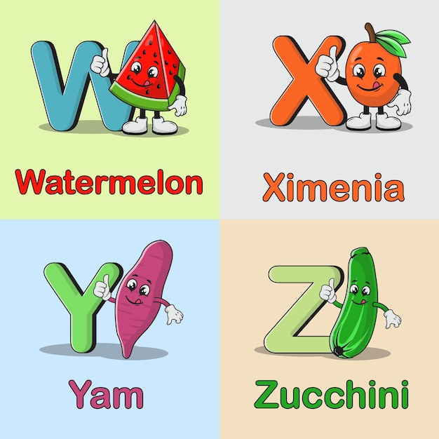 Vettore insieme dell'illustrazione dell'icona di vettore del fumetto dell'alfabeto della mascotte di frutta e verdura