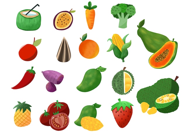 Set of fruits and vegetables for printable and worksheet preschool