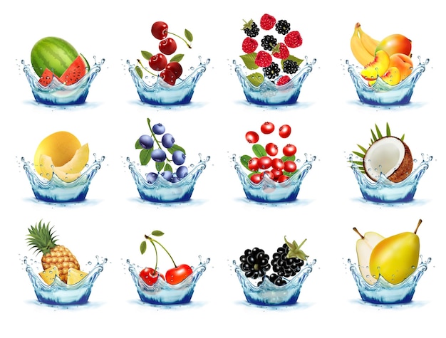 Set of fruits and vegetables in water splashes Peach watermelon cherry raspberry blackberry coconut pear sweet melon pineapple strawberry falling into the water Vector illustration