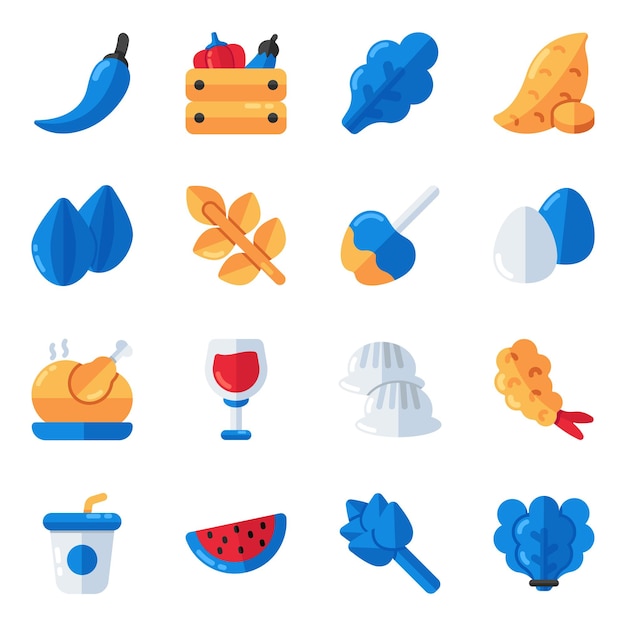 Set of fruits and veggies flat icons