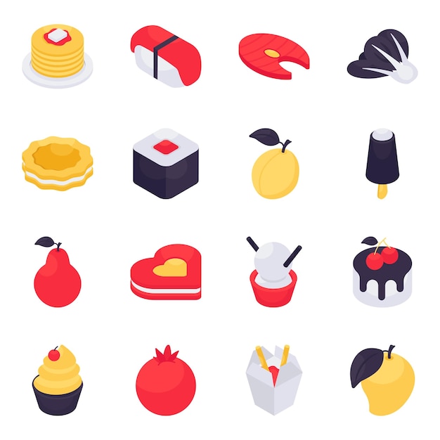 Vector set of fruits and veggies isometric icons