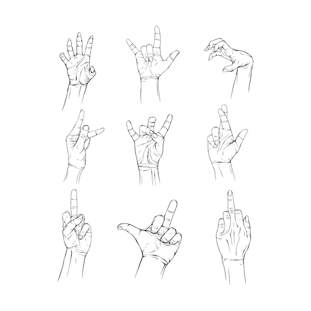 Vector set fuck metal good luck hand collection drawn gesture sketch vector illustration line art