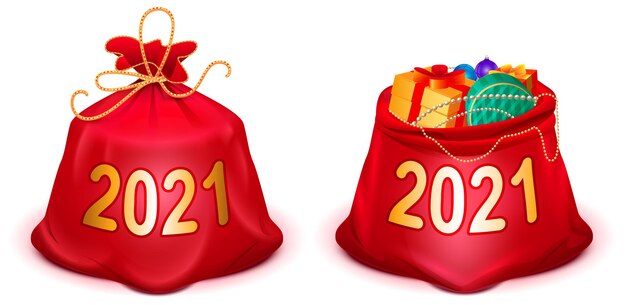 Set full closed and open santa claus red bag. Isolated on white  cartoon illustration