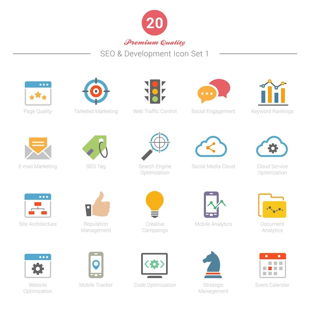 Vector set of full color seo and development icons set 1