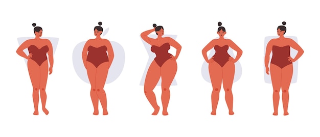 Set di tipi di corpo femminile completo isolato. le donne formose in costume da bagno rosso mostrano diverse forme del corpo. illustrazione vettoriale di ragazze paffute su sfondo bianco.