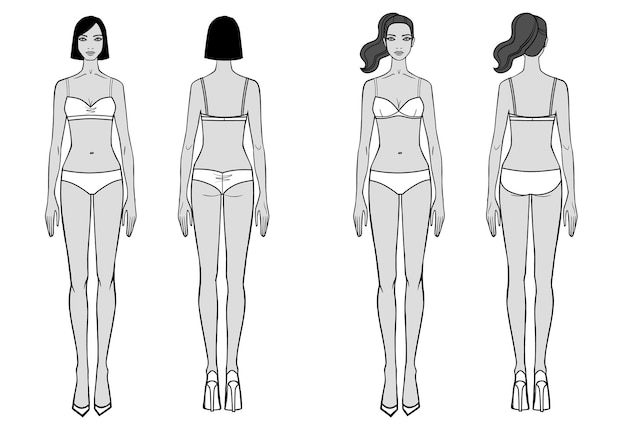 Vector set full length front back view of a standing woman in swimsuit