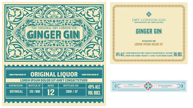 Set of full vintage gin labels isolated on white