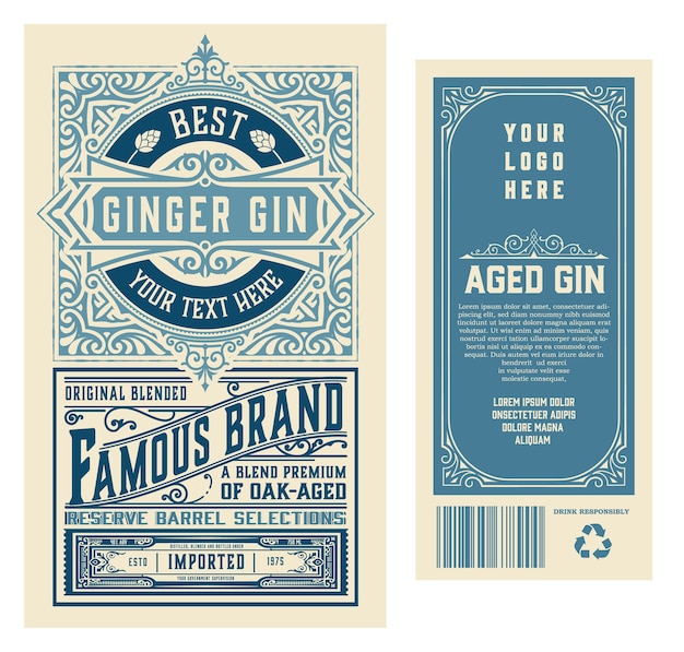 Vector set of full vintage gin labels isolated on white