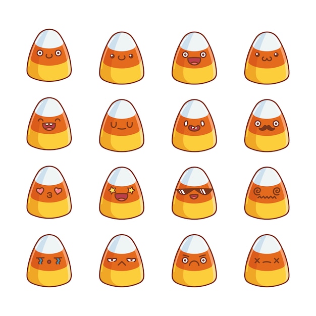 Set di divertenti cartoni animati di halloween candy corn icona isolato