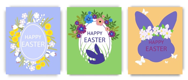 Vector a set of fun easter posters with the easter bunny flowers and butterflies ideal for a poster