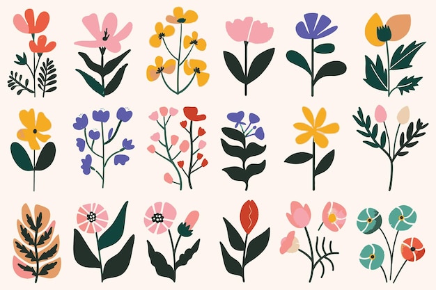 A set of fun flower and nature design elements flat hand drawn vector collection