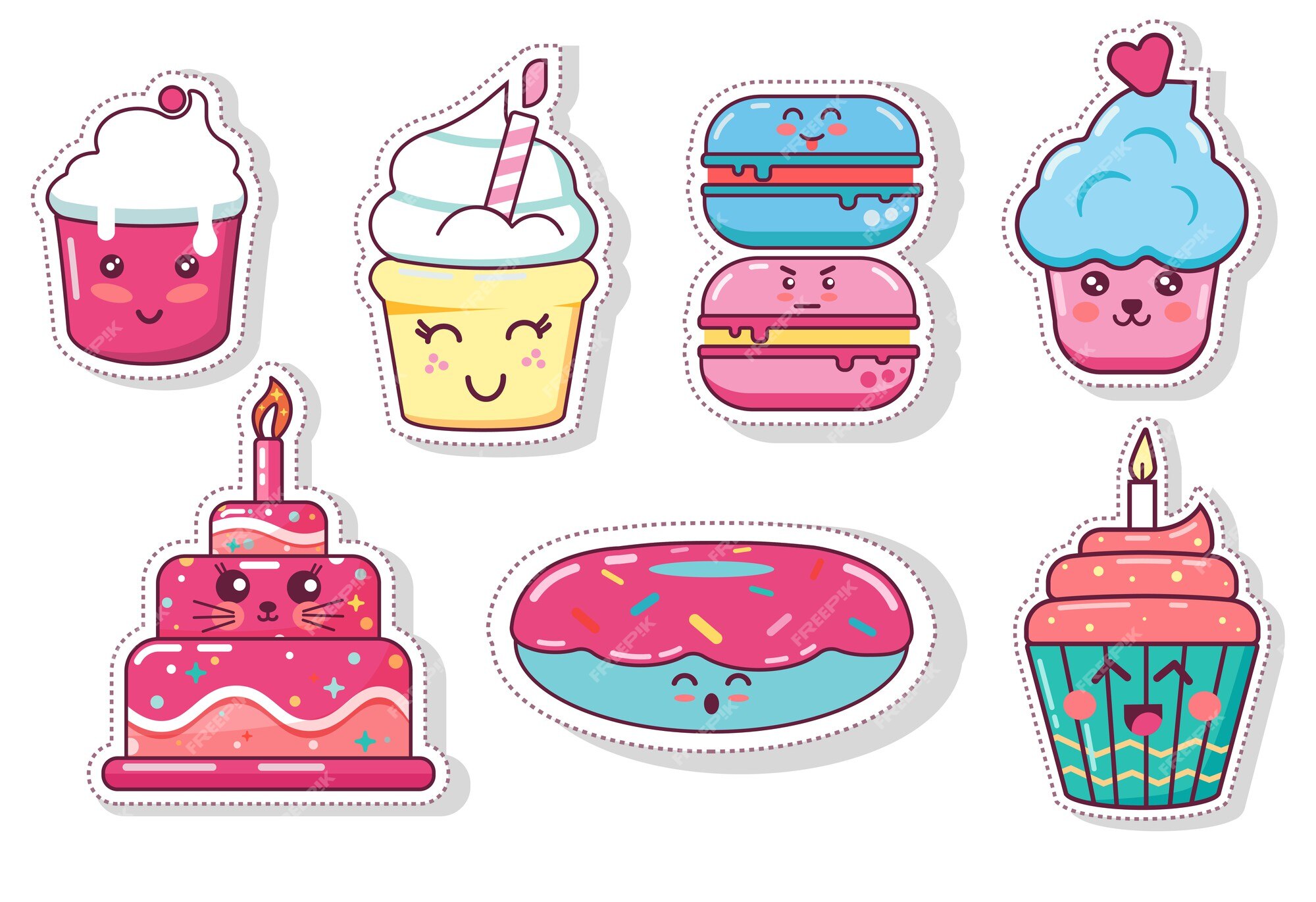 Set of Fun Stickers Desserts Kawaii Bakery Food Stock Vector