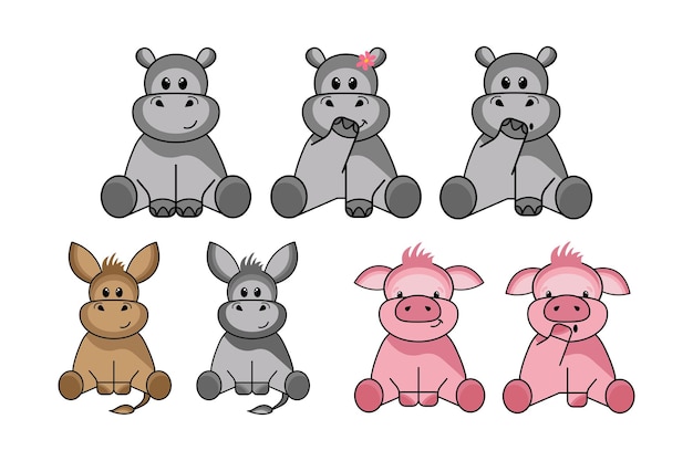 Set of funny animals hippo donkey and piglet