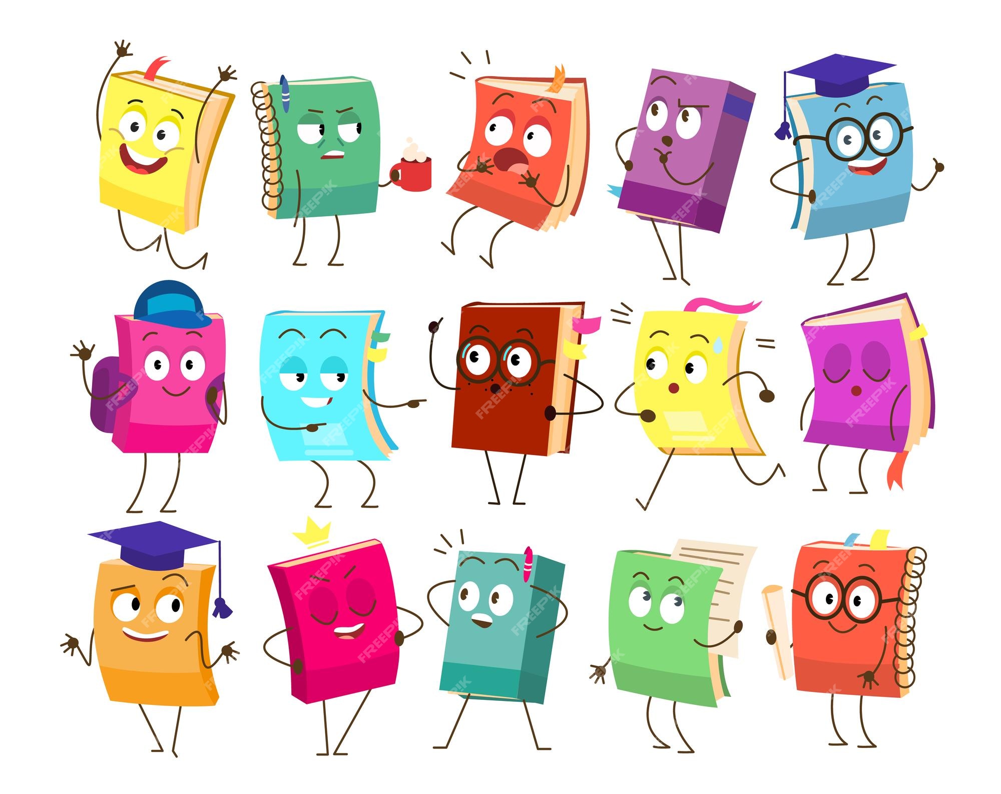 Premium Vector | Set of funny book characters mascots cartoon childish books with smiling faces arms and legs Premium Vector | Set of funny book characters mascots cartoon childish books with smiling faces arms and legs