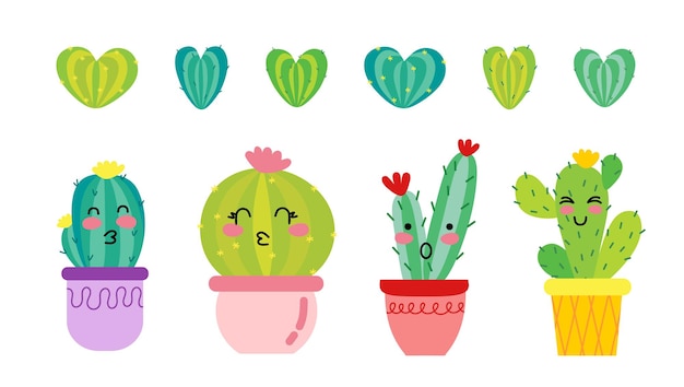 A set of funny cacti in pots and cactus hearts For use in printing postcards textiles