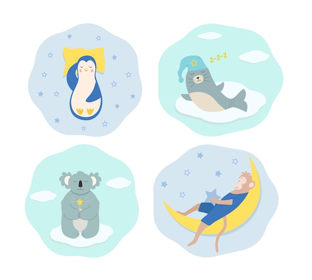 Set of funny cartoon animals sleeping and dreaming. a penguin sleeps on a pillow, seal in a nightcap, monkey sleeps on the moon, koala with a magic wand.