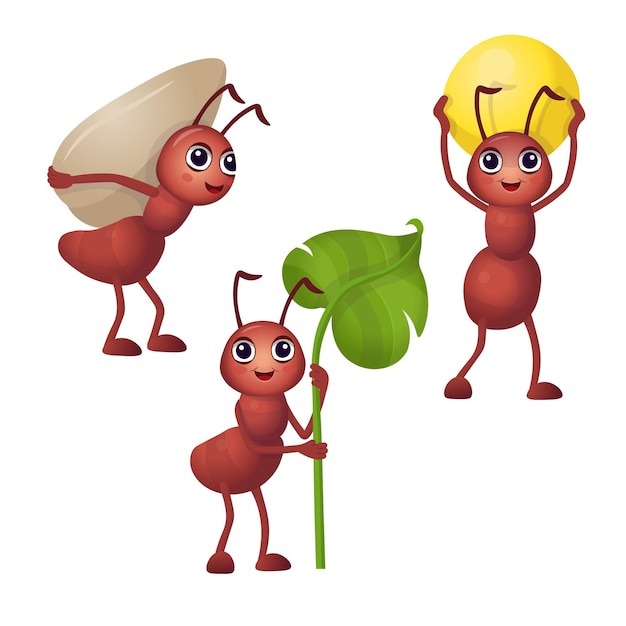 Vector set of funny cartoon ants ants carry a leaf seeds and berries cartoon ants for children