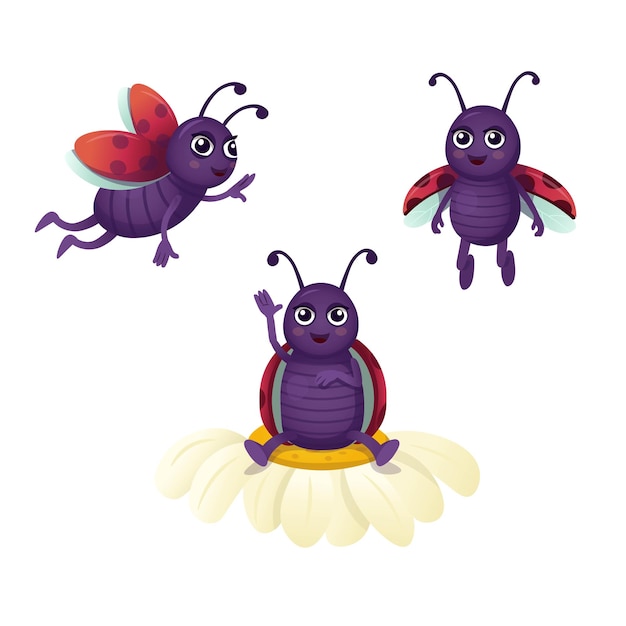 Set of funny cartoon ladybugs A ladybug sits on a flower Ladybug flying Cartoon ladybugs