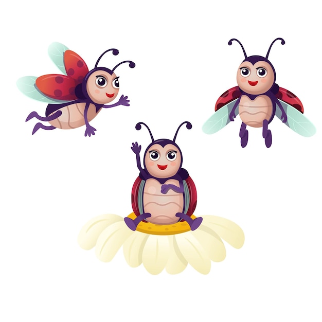 Set of funny cartoon ladybugs A ladybug sits on a flower Ladybug flying