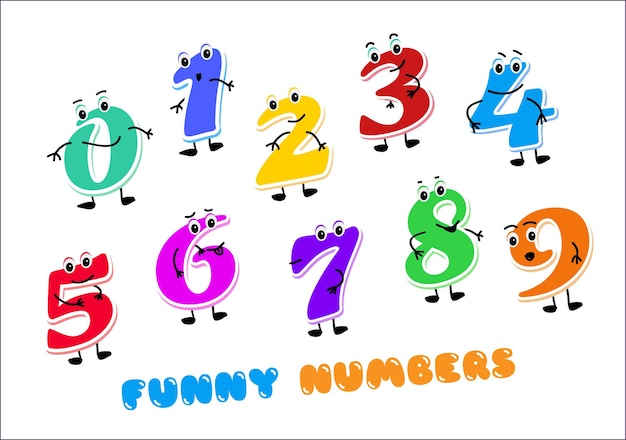 Set di numeri divertenti cartoni animati personaggi bambini figure uno due tre quattro cinque sei sette otto