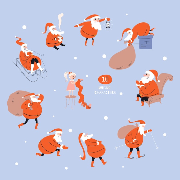 Set of funny cartoon santa clauses and girl on a blue background