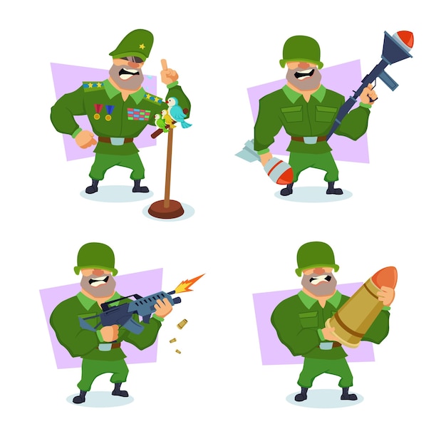 Set of funny cartoon soldier shooting machine gun arguing and yelling