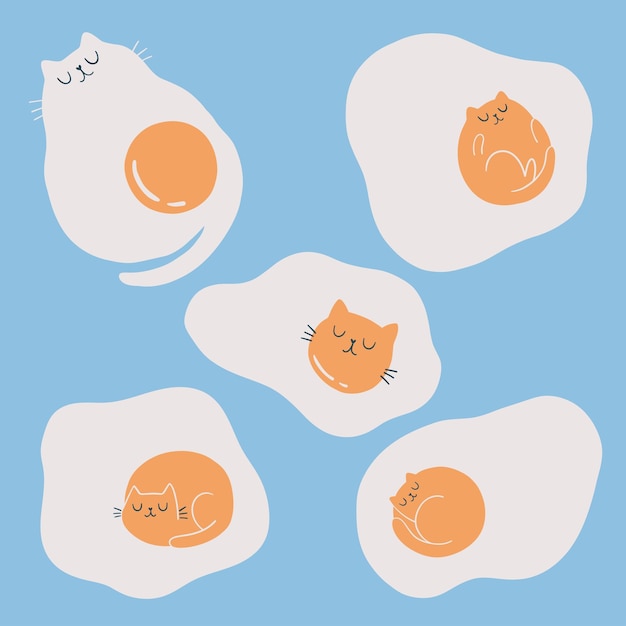 Set of funny cats and fried eggs. Hand draw cute cats in doodle style. Isolated vector element.