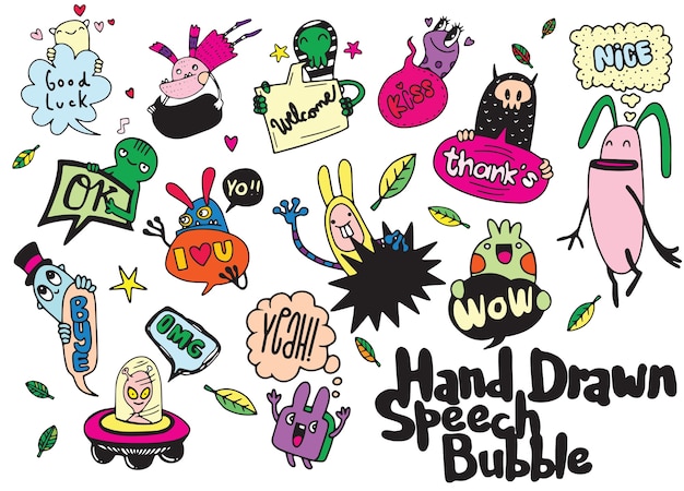 Vector set of funny characters and cute speech bubble doodle