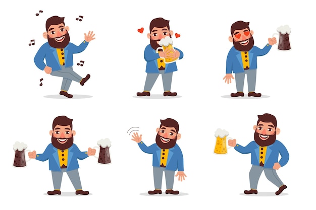 Set of funny characters of men drinking alcohol celebrating or at a party