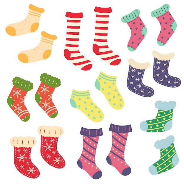 Set of funny Christmas socks. Winter trendy clothing. Warm and cozy things.