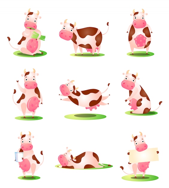 Набор забавных коров животных символов на траве иллюстрации