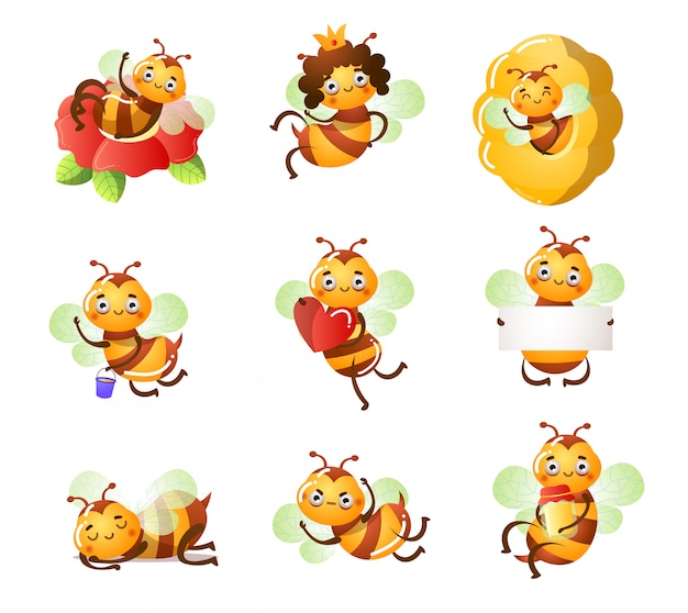 Set of funny cute bees doing casual things   illustration