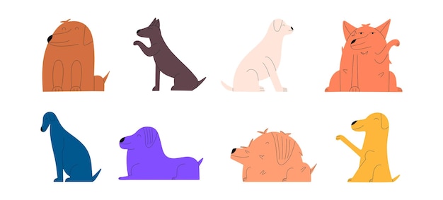 Set of funny cute dogs Flat colored animals Vector illustration