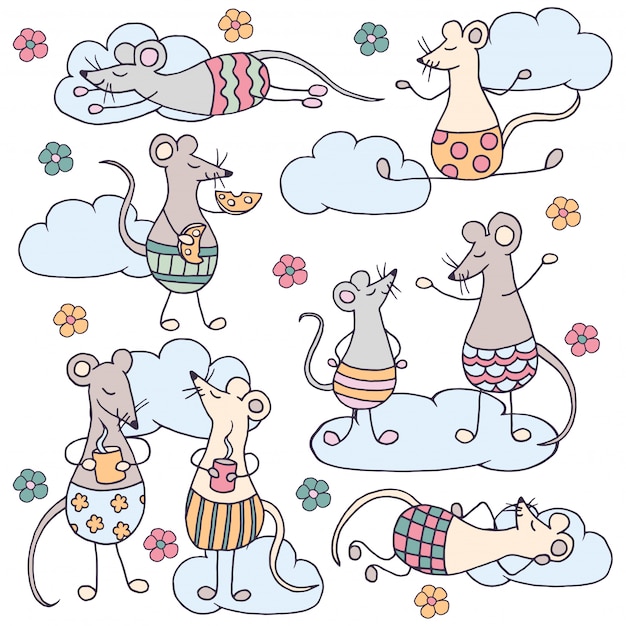 Set of funny cute rats with clouds and flowers