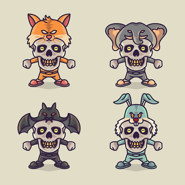 Vector set of funny cute skull character wearing animal headwear