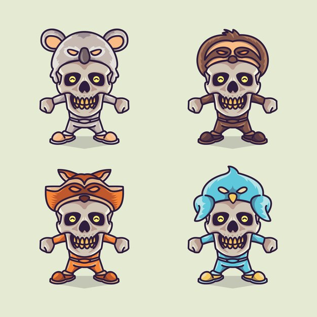 Vector set of funny cute skull character wearing animal headwear