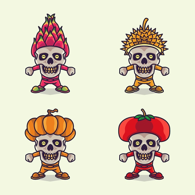 Set Of Funny Cute Skull Character Wearing Fruits Headwear