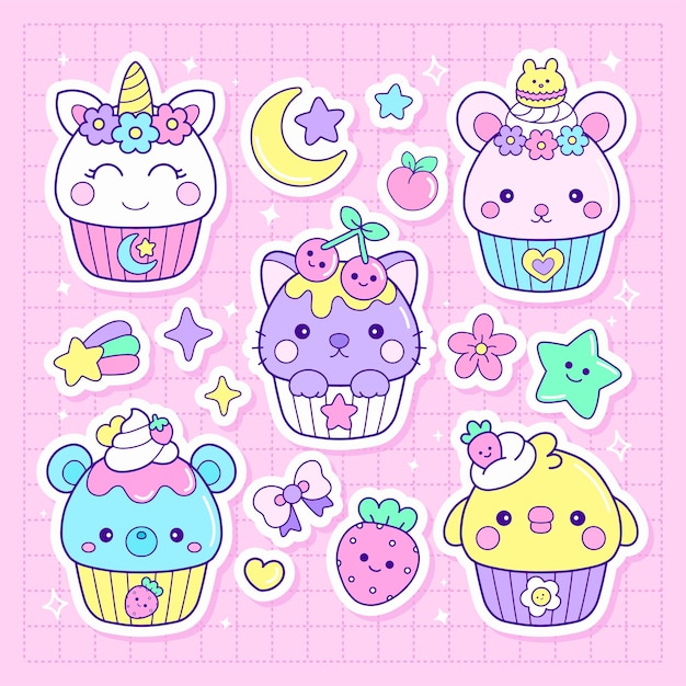 Set of funny dessert cute cupcakes characters vector illustration