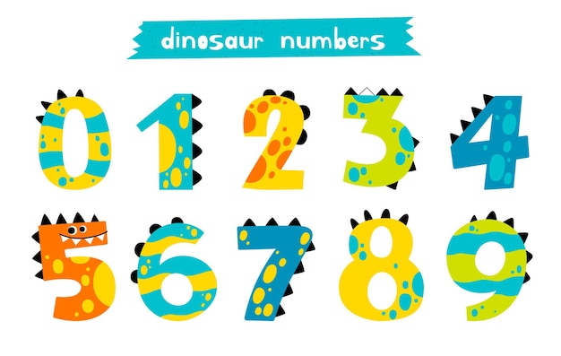 Vector set of funny dino numbers in doodle style collection of cute ancient numbers from 0 to 9