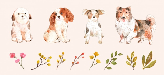 Vector set of funny dogs and leafs