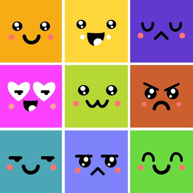 Vector set of funny faces with emotions kawaii cartoon