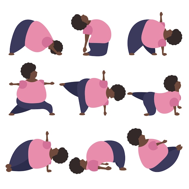 Vector set of funny fat woman doing yoga exercises