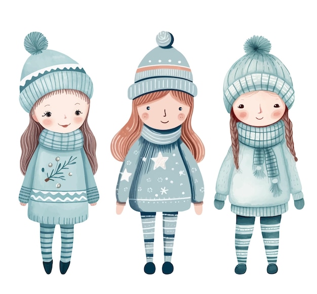 Set of funny girls in winter Hand drawn girls in fairy tale scandi style Winter clothes