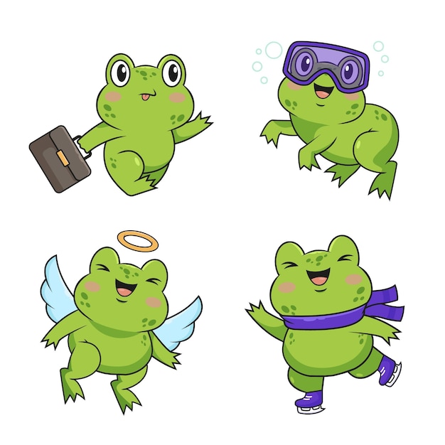 Set of funny handdrawn cartoon frogs with briefcase scuba mask angel wings figure skates