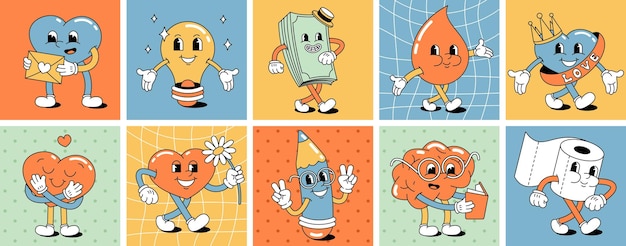 Vector a set of funny happy cartoon characters in the style of the 70s 60s hearts positive and good vibe