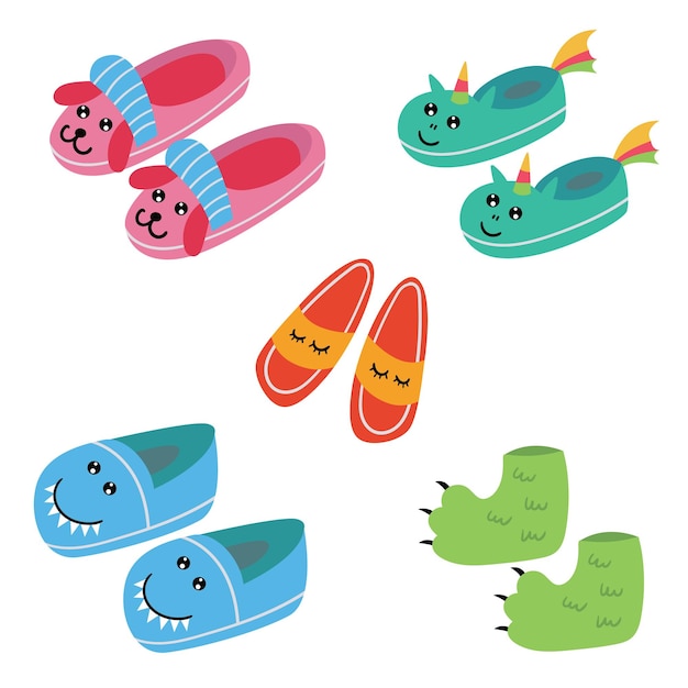 Vector set of funny kids pajama slippers